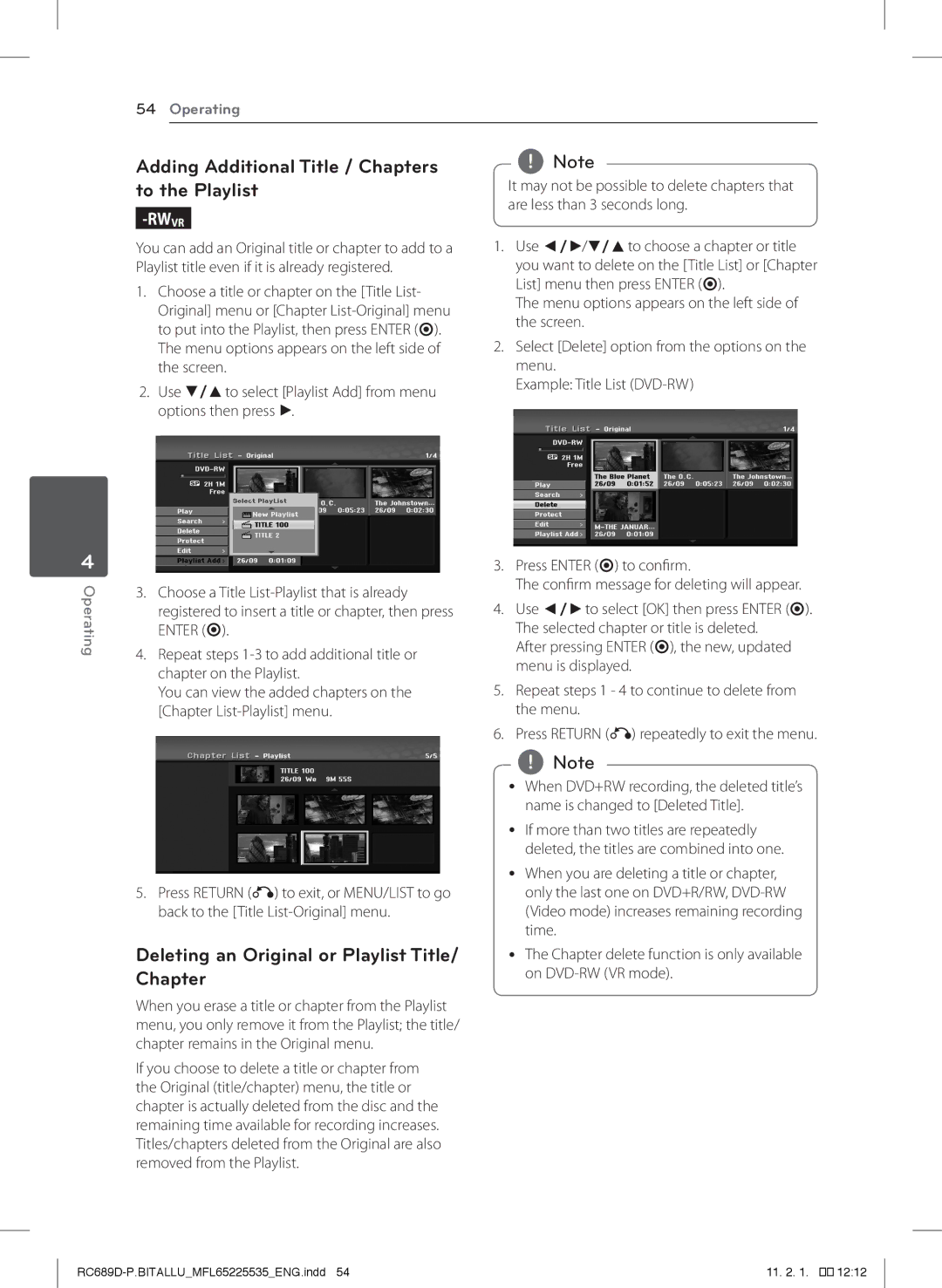 LG Electronics RCT689H Adding Additional Title / Chapters to the Playlist, Deleting an Original or Playlist Title/ Chapter 