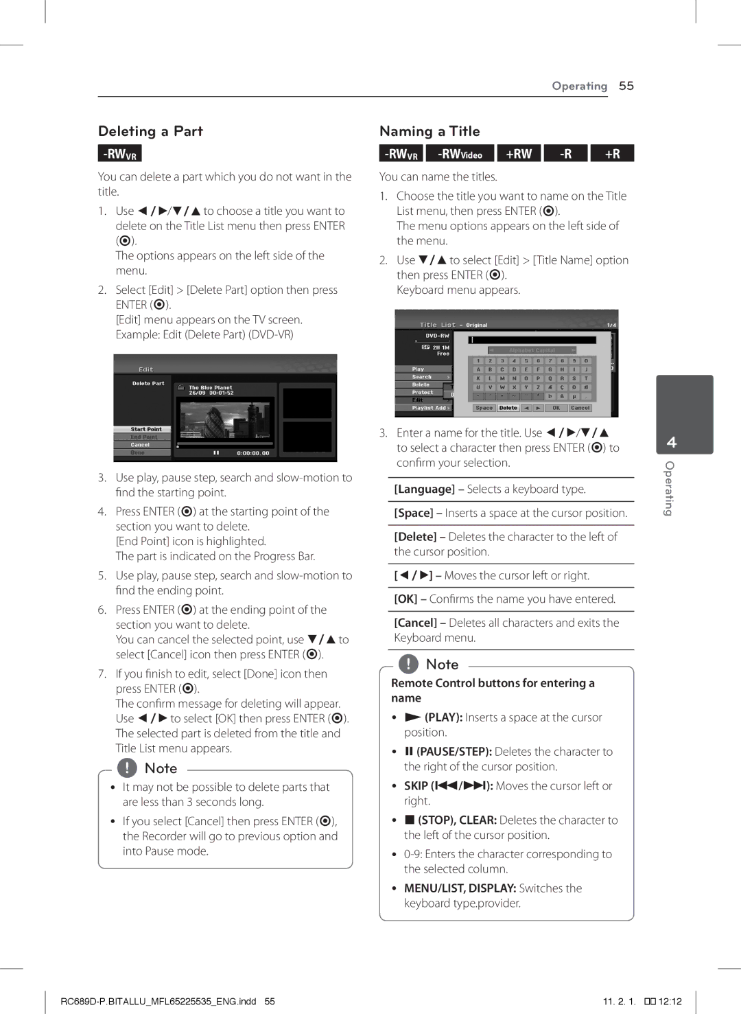 LG Electronics RCT689H owner manual Deleting a Part, Naming a Title, Remote Control buttons for entering a name 