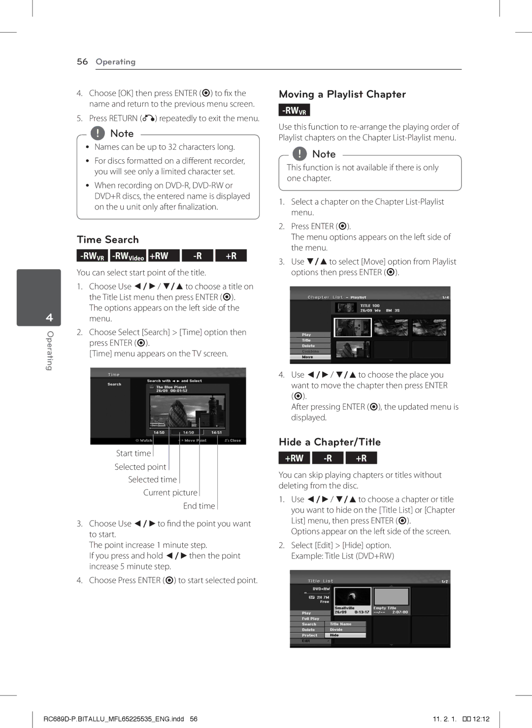 LG Electronics RCT689H Moving a Playlist Chapter, Hide a Chapter/Title, Options appear on the left side of the screen 