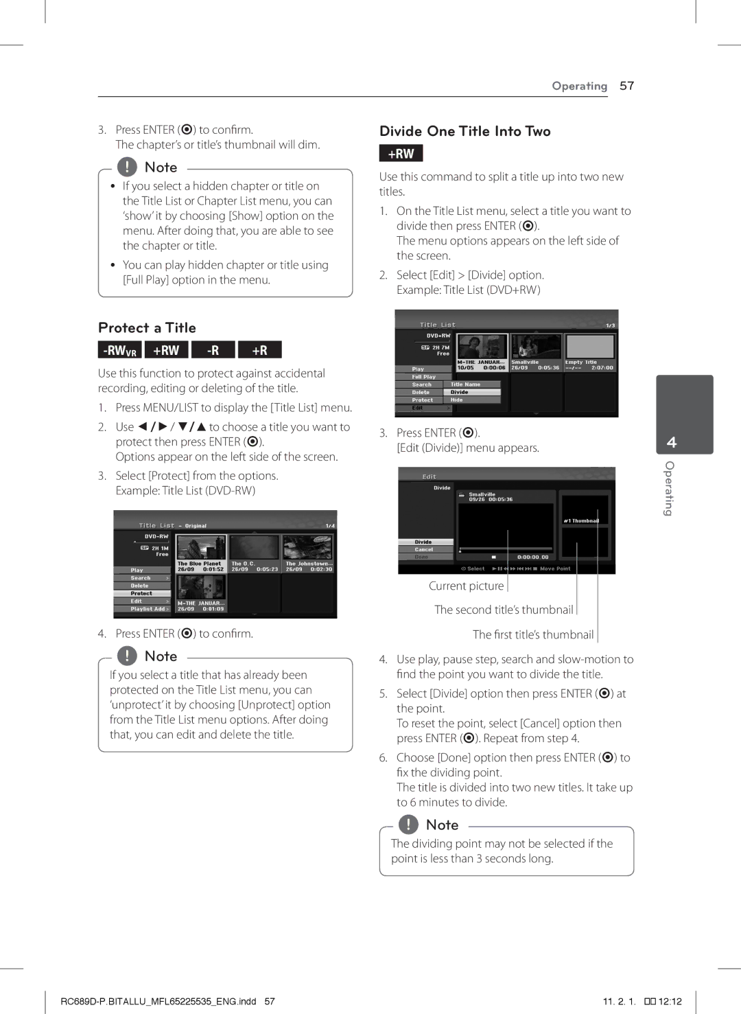 LG Electronics RCT689H owner manual Divide One Title Into Two, Protect a Title 