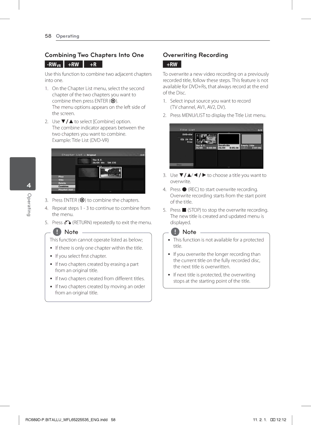 LG Electronics RCT689H Combining Two Chapters Into One, Use this function to combine two adjacent chapters into one 