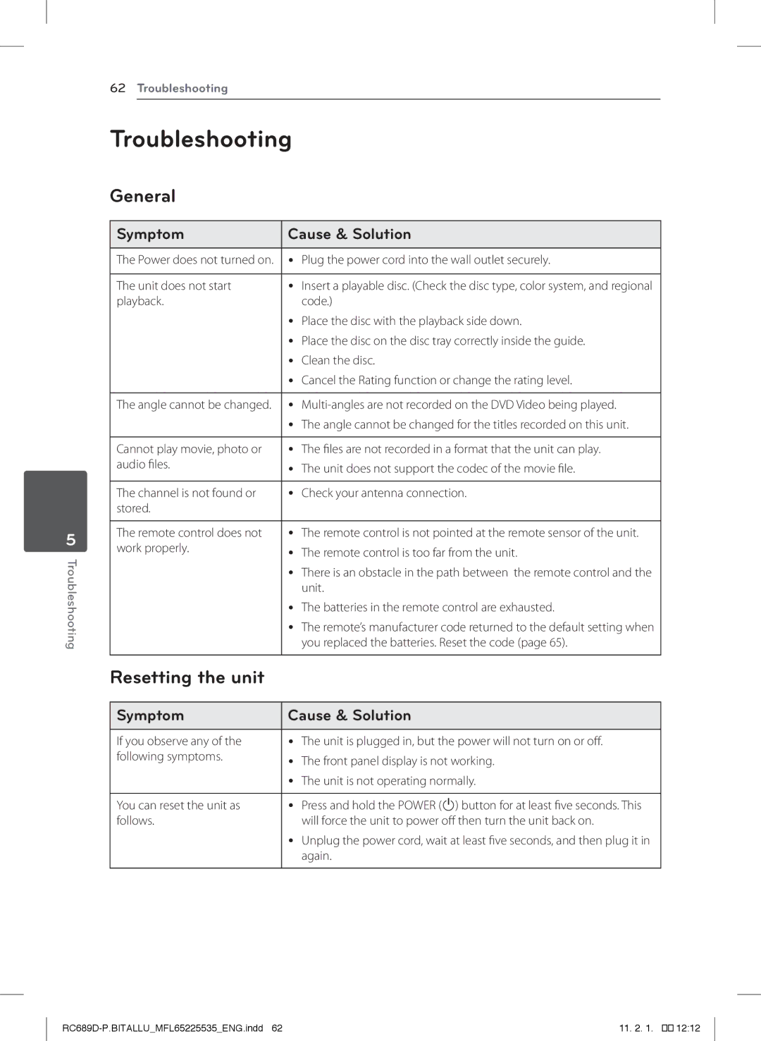 LG Electronics RCT689H owner manual Troubleshooting, General, Resetting the unit, Symptom Cause & Solution 