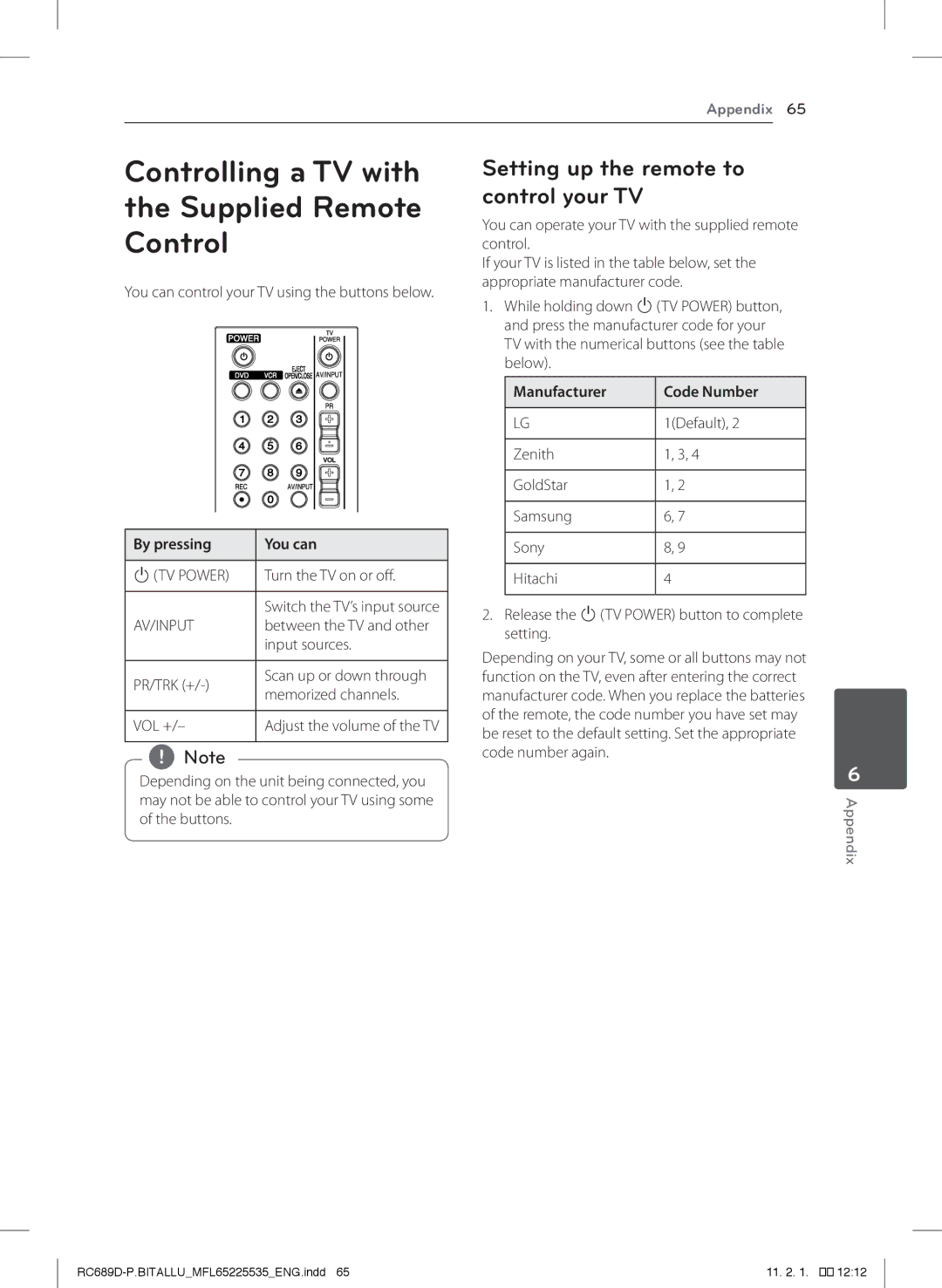 LG Electronics RCT689H Controlling a TV with the Supplied Remote Control, Setting up the remote to control your TV 