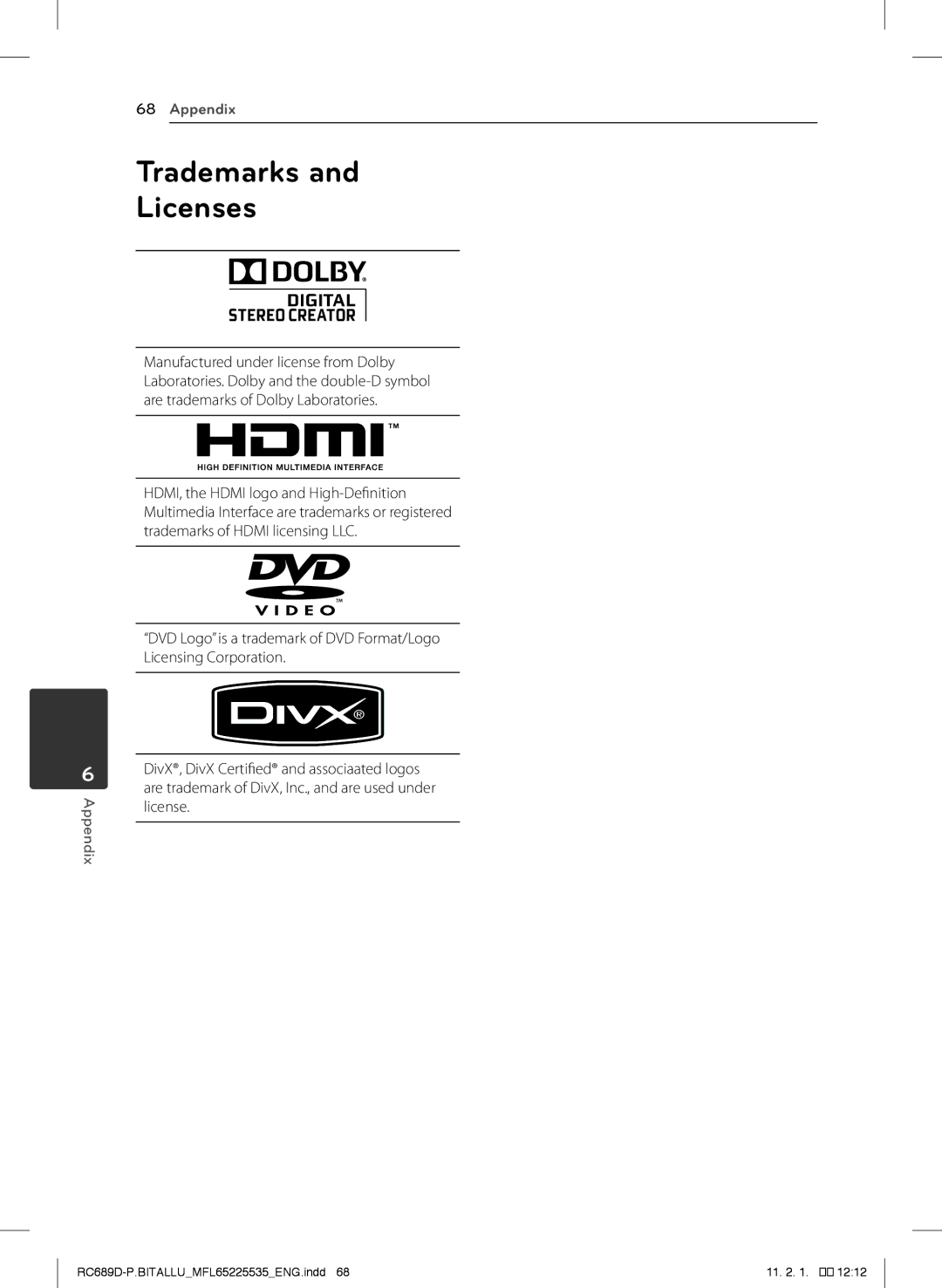 LG Electronics RCT689H owner manual Trademarks and Licenses 