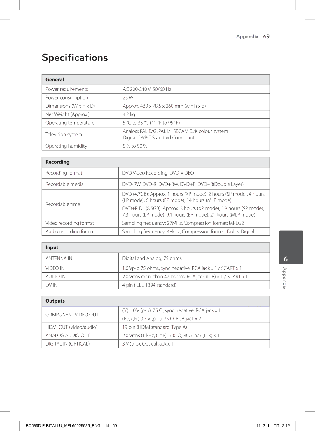 LG Electronics RCT689H owner manual Specifications, General, Recording, Input, Outputs 