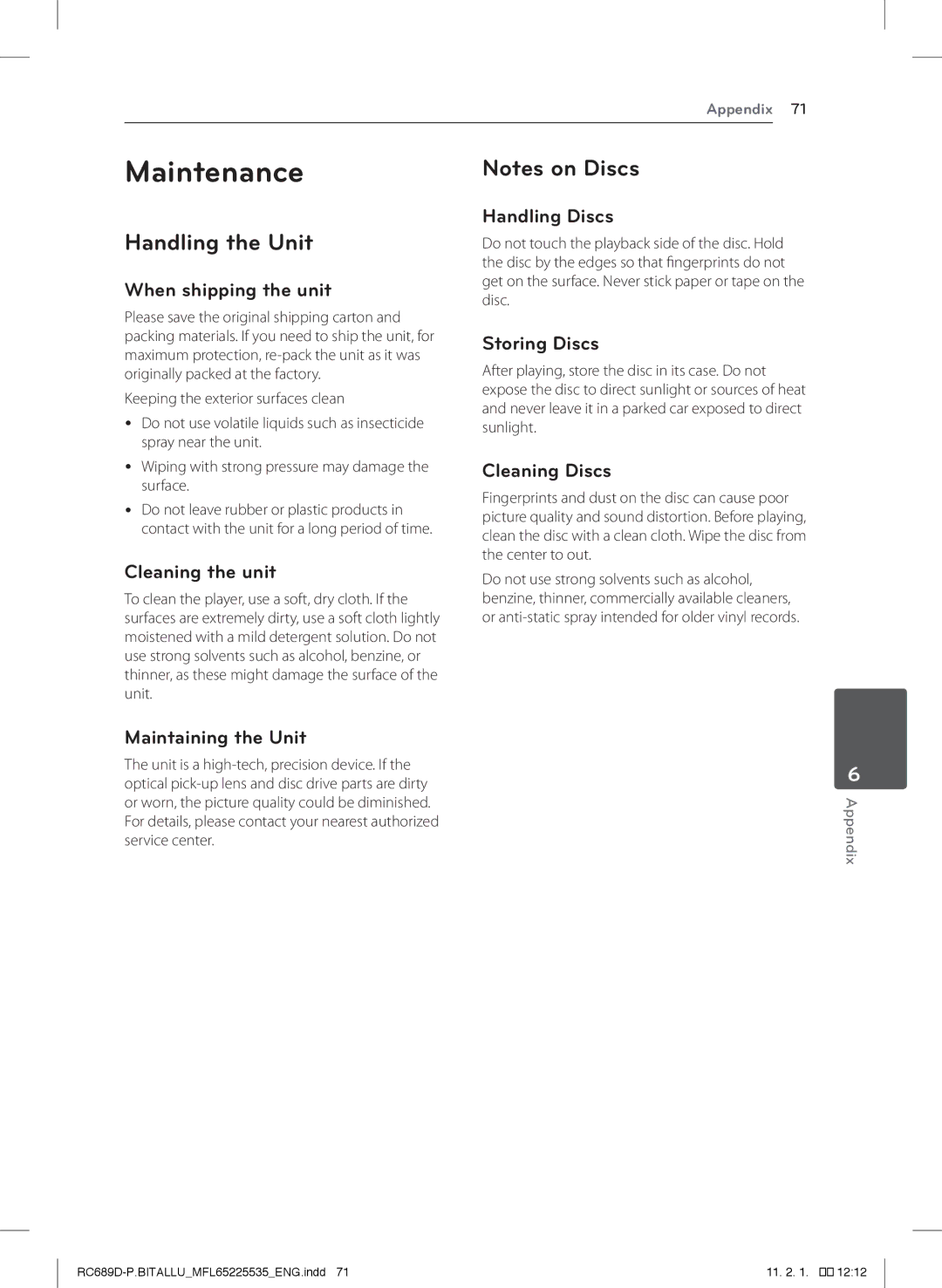 LG Electronics RCT689H owner manual Maintenance, Handling the Unit 