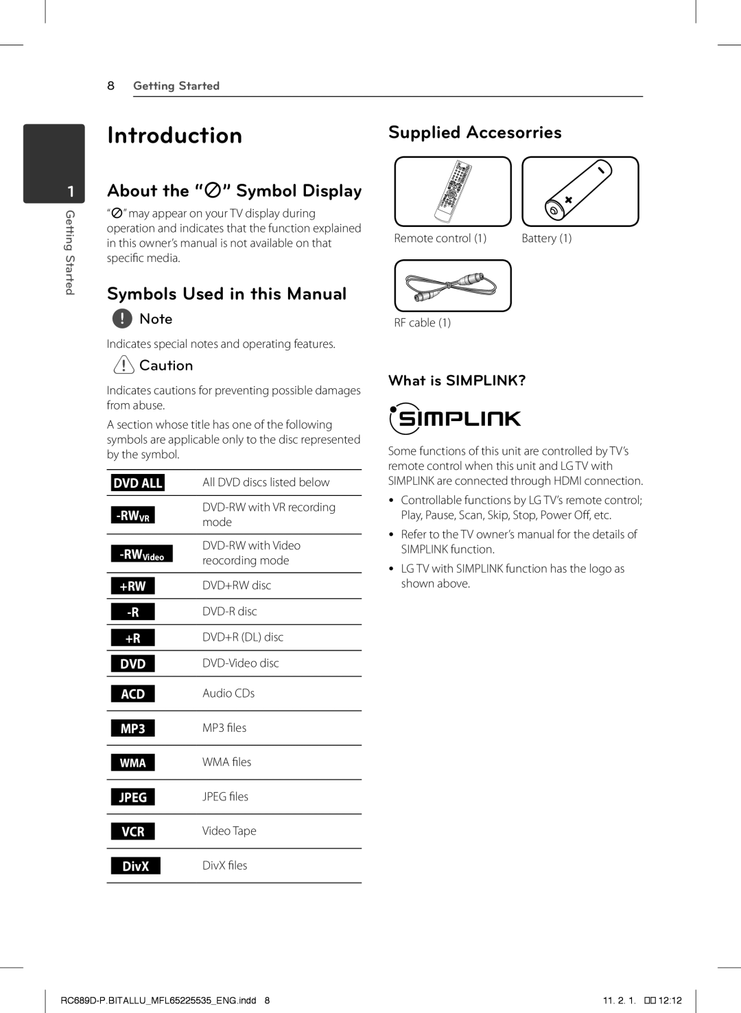 LG Electronics RCT689H Introduction, About the 7 Symbol Display Symbols Used in this Manual, Supplied Accesorries 