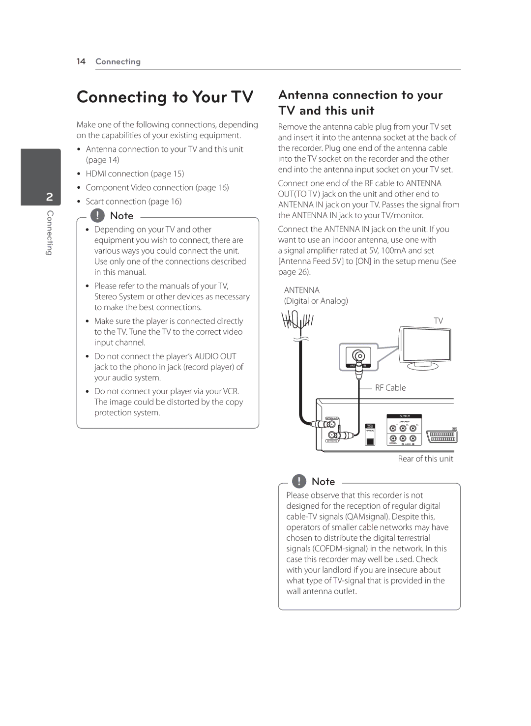 LG Electronics RCT699H Connecting to Your TV, Antenna connection to your TV and this unit, RF Cable Rear of this unit 