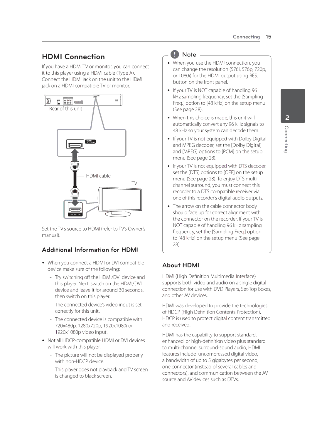 LG Electronics RCT699H Hdmi Connection, Additional Information for Hdmi, About Hdmi, Rear of this unit Hdmi cable 