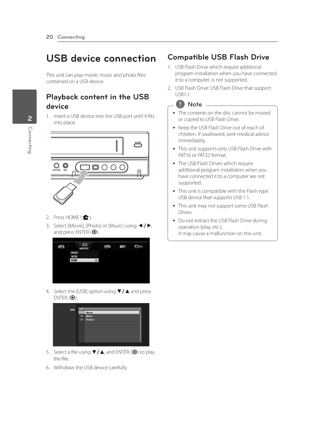 LG Electronics RCT699H owner manual USB device connection, Playback content in the USB device, Compatible USB Flash Drive 