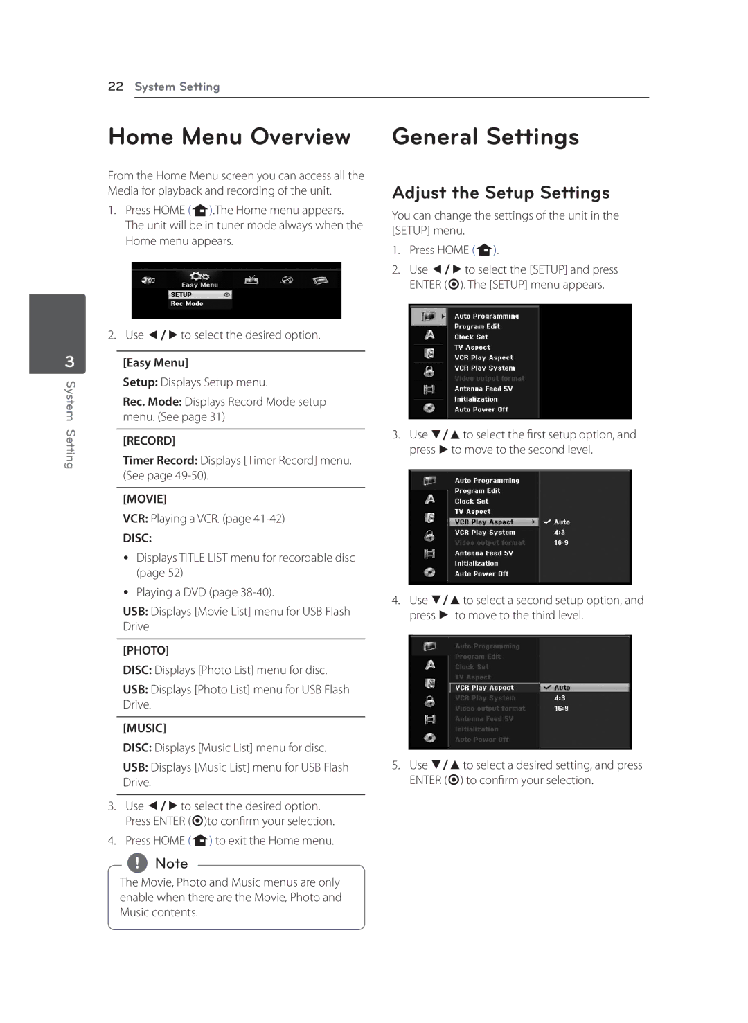 LG Electronics RCT699H owner manual Home Menu Overview, General Settings, Adjust the Setup Settings 