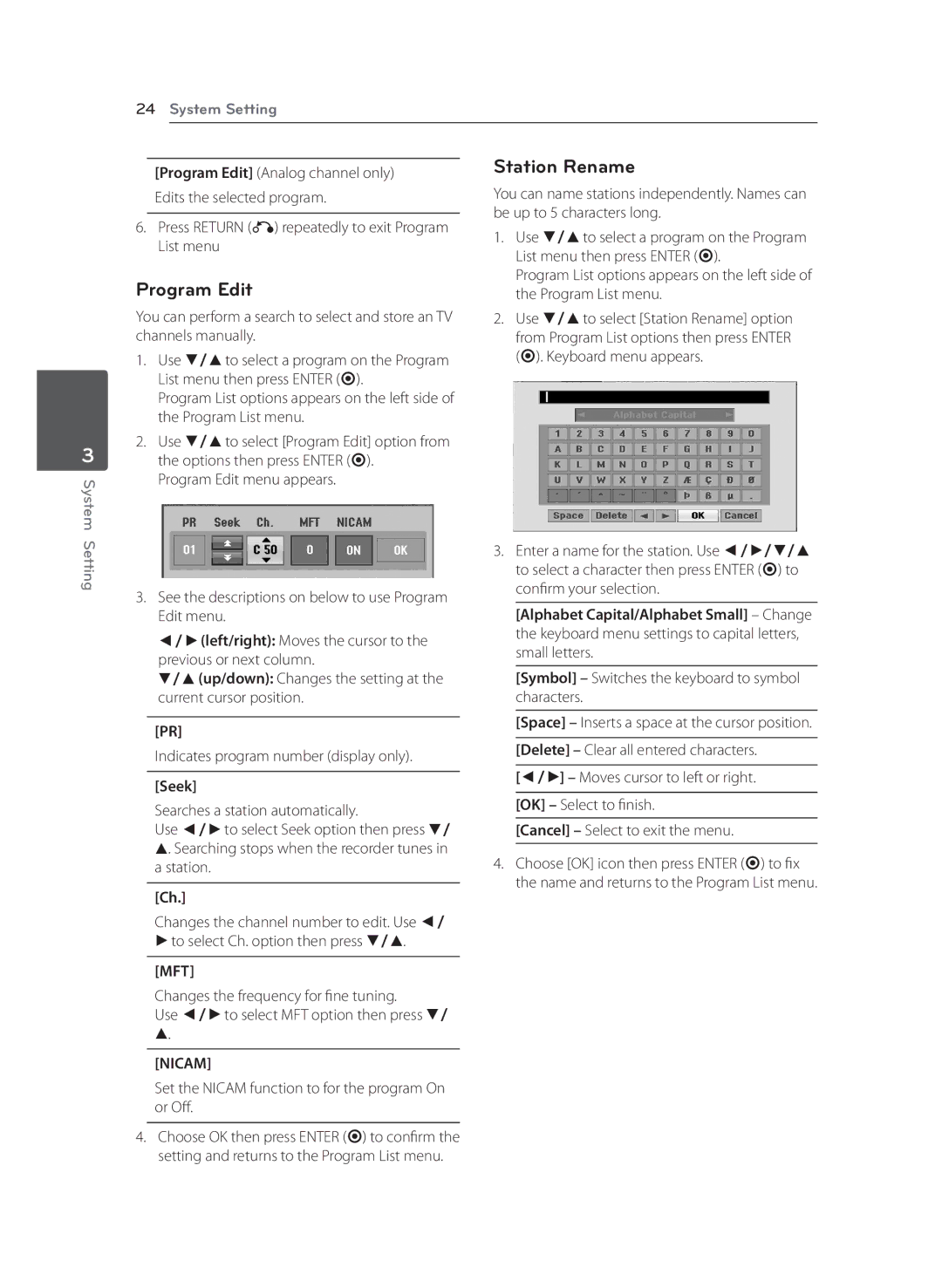 LG Electronics RCT699H owner manual Station Rename, Program Edit, Seek, Mft, Nicam 