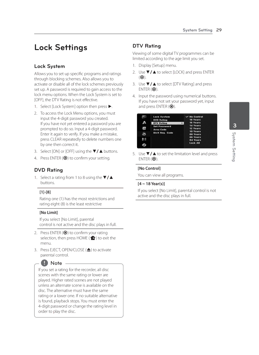 LG Electronics RCT699H owner manual Lock Settings, Lock System, DVD Rating, DTV Rating 