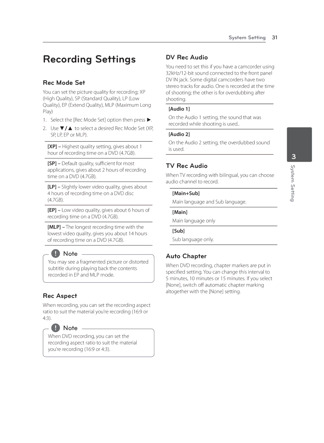 LG Electronics RCT699H owner manual Recording Settings 