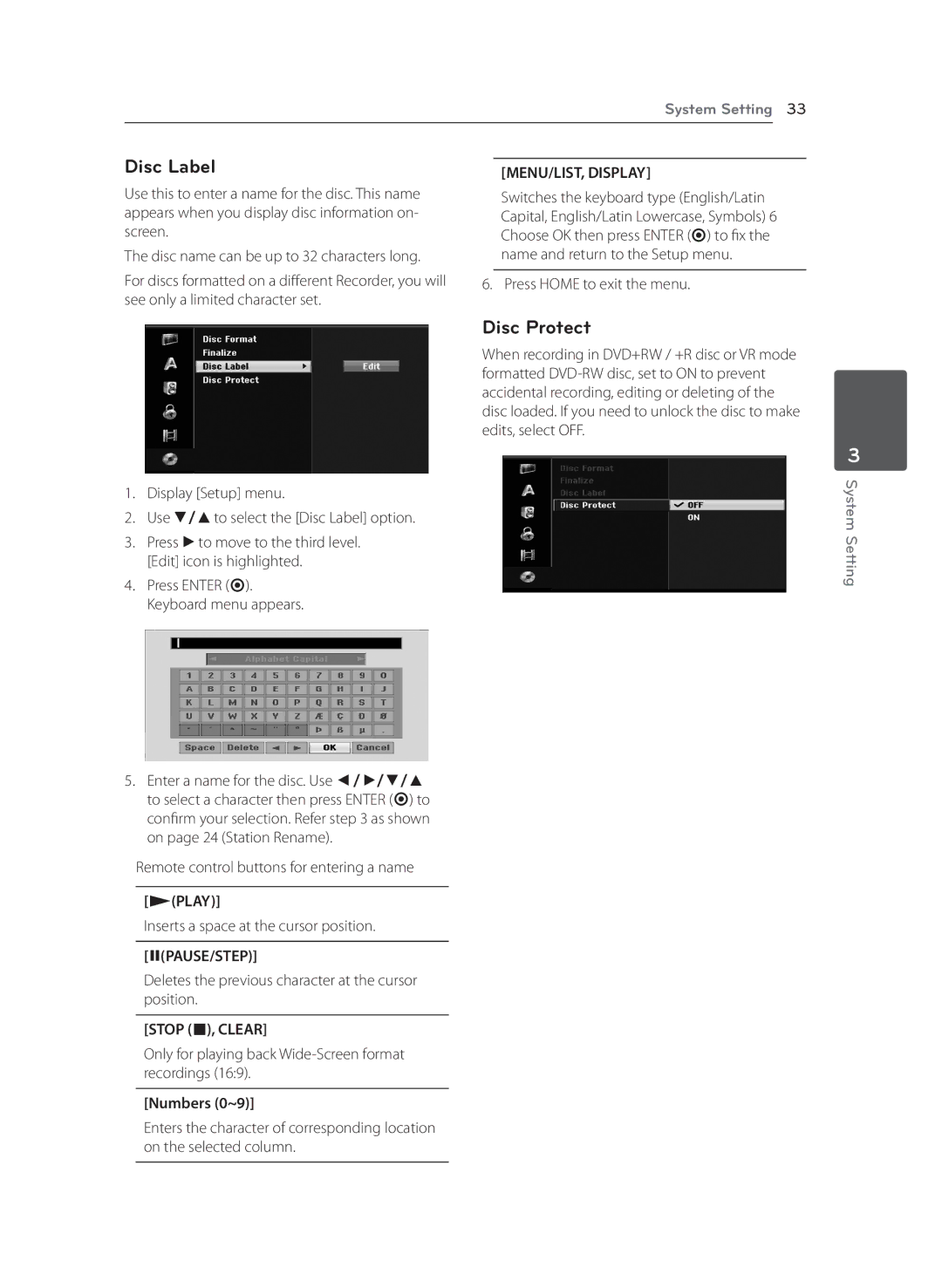 LG Electronics RCT699H owner manual Disc Label, Disc Protect, MENU/LIST, Display, Mpause/Step, Stop Z, Clear 