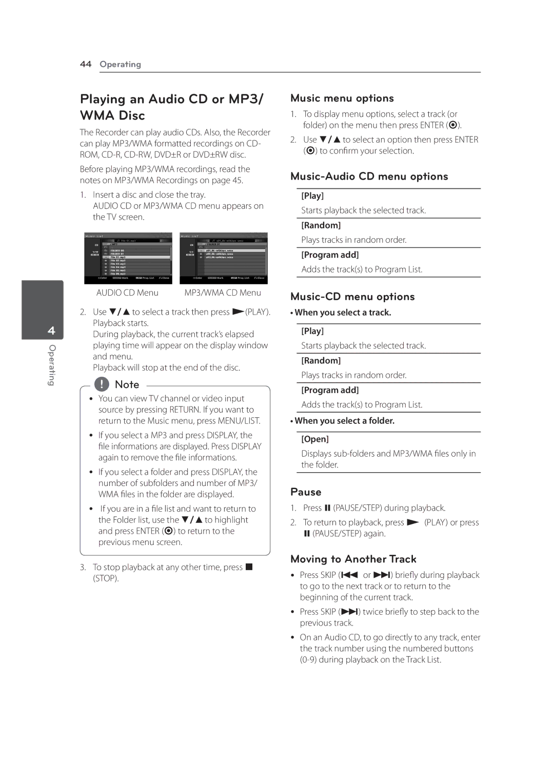 LG Electronics RCT699H owner manual Playing an Audio CD or MP3/ WMA Disc 