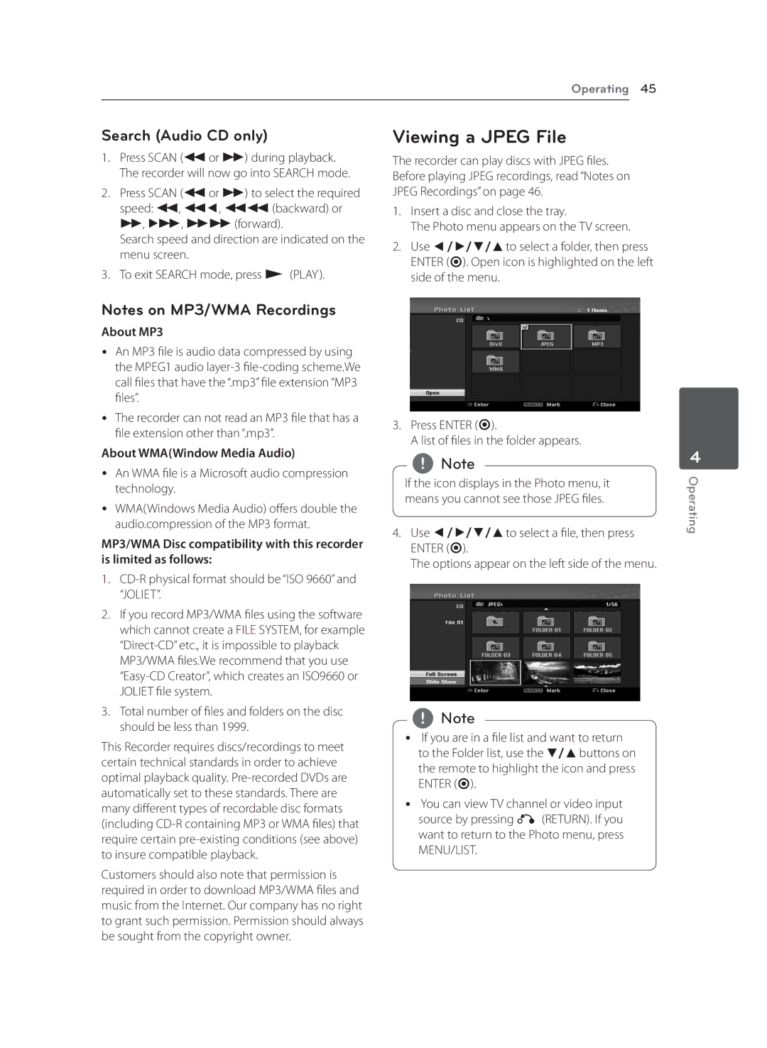 LG Electronics RCT699H owner manual Viewing a Jpeg File, Search Audio CD only, About MP3, About WMAWindow Media Audio 