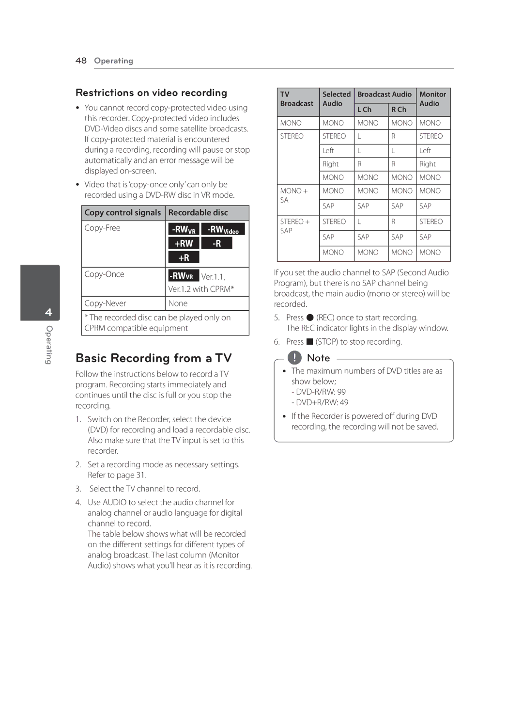 LG Electronics RCT699H owner manual Basic Recording from a TV, Restrictions on video recording, Recordable disc 