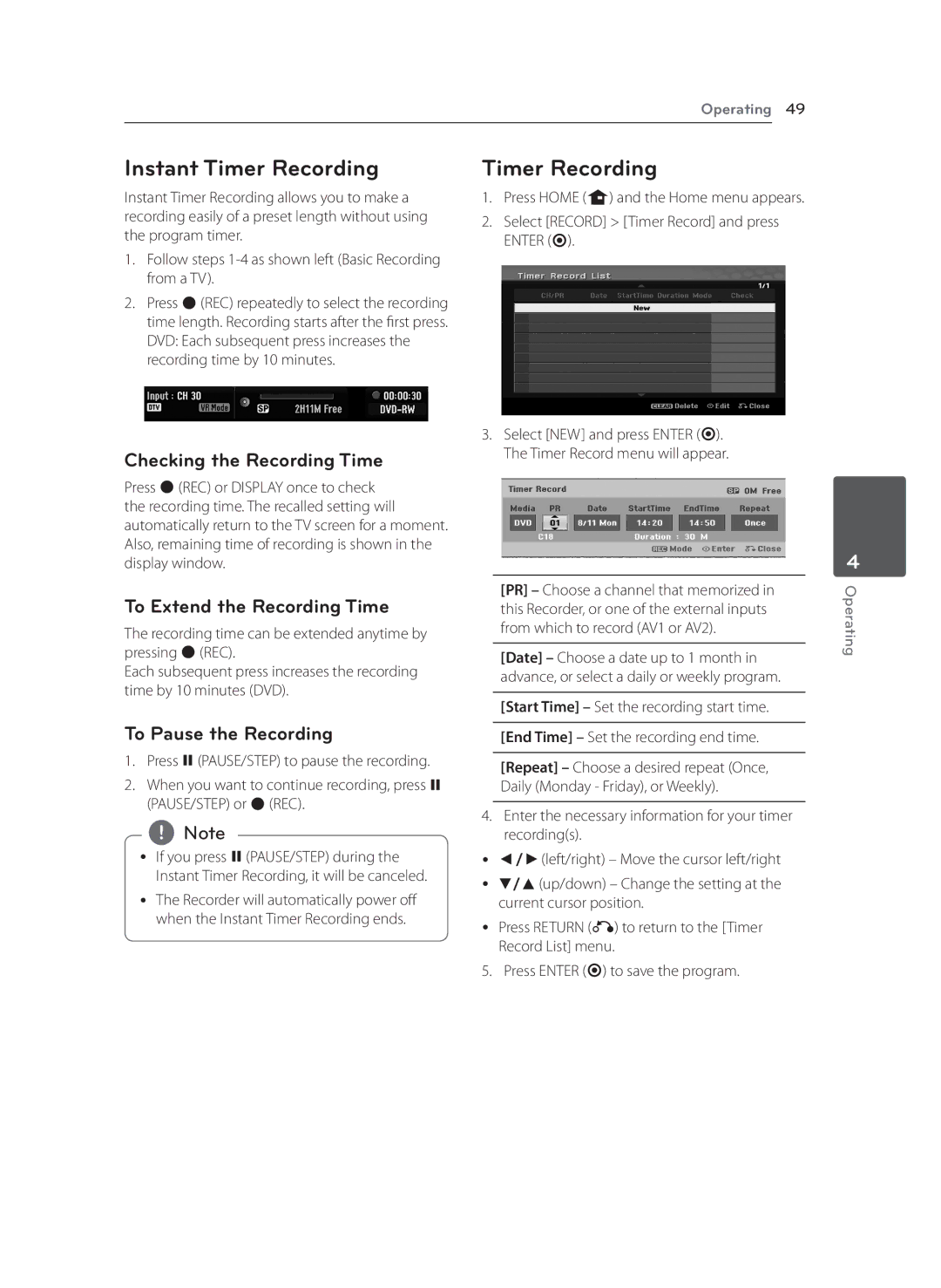 LG Electronics RCT699H owner manual Instant Timer Recording, Checking the Recording Time, To Extend the Recording Time 