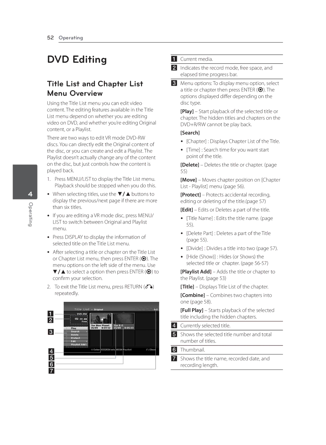 LG Electronics RCT699H owner manual DVD Editing, Title List and Chapter List Menu Overview, Current media 