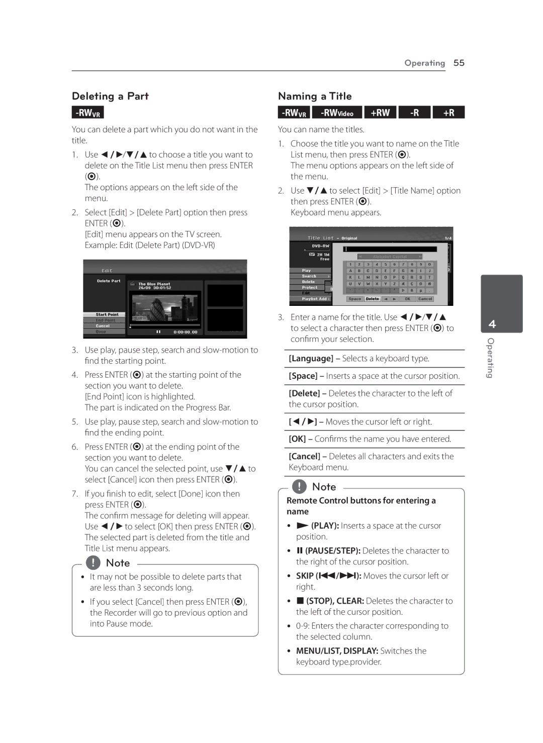 LG Electronics RCT699H owner manual Deleting a Part, Naming a Title, Remote Control buttons for entering a name 