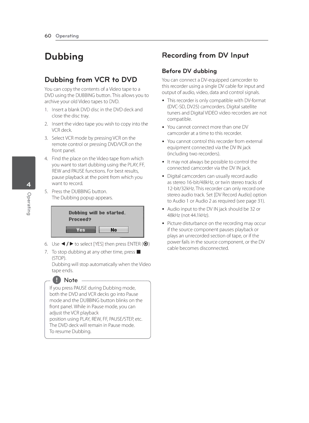 LG Electronics RCT699H Dubbing from VCR to DVD, Recording from DV Input, Before DV dubbing, To resume Dubbing 