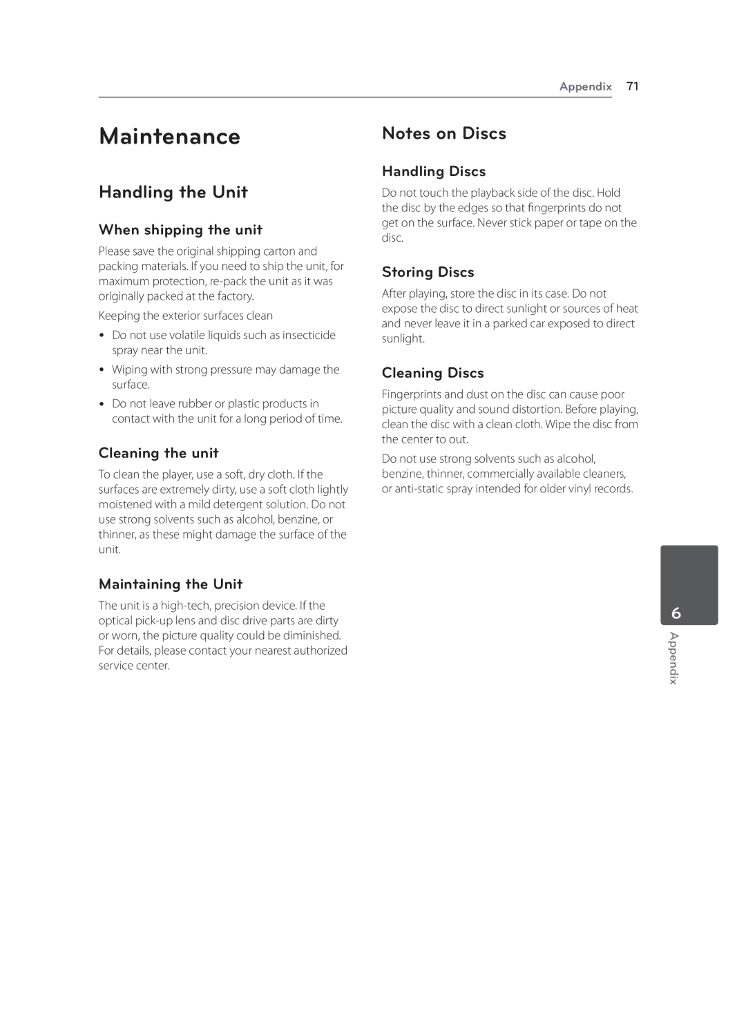 LG Electronics RCT699H owner manual Maintenance, Handling the Unit 