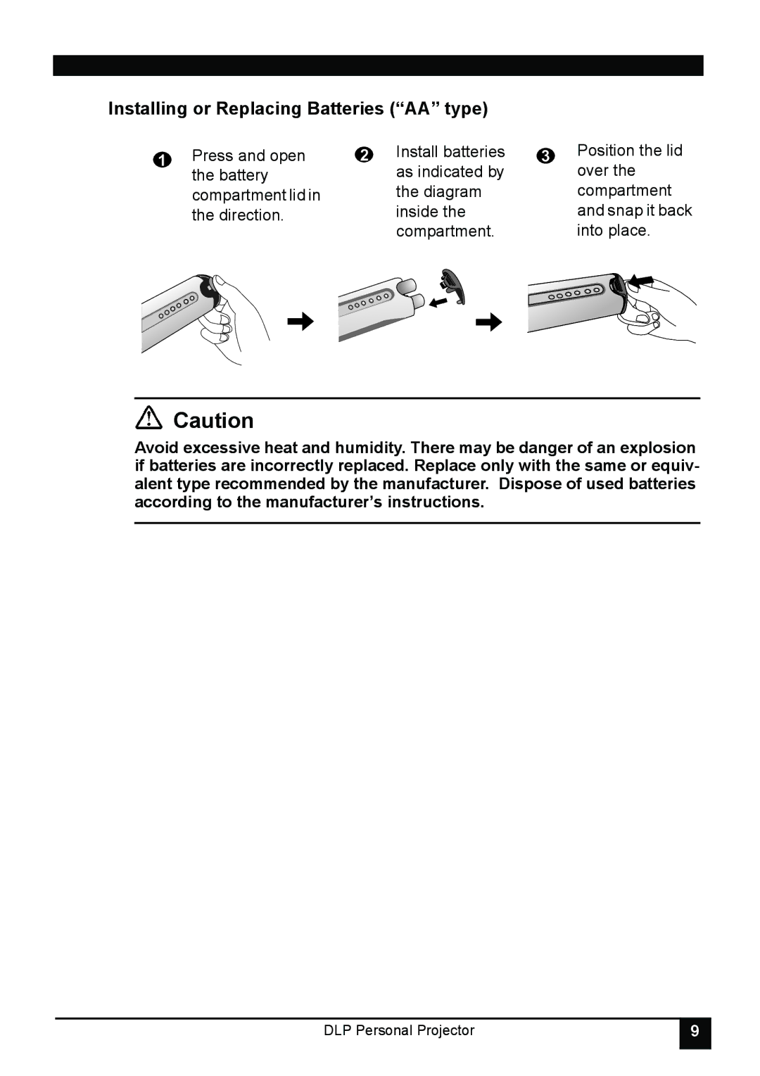 LG Electronics RD-JT31 800X600 SVGA, RD-JT30 1024X768 XGA manual Installing or Replacing Batteries AA type 