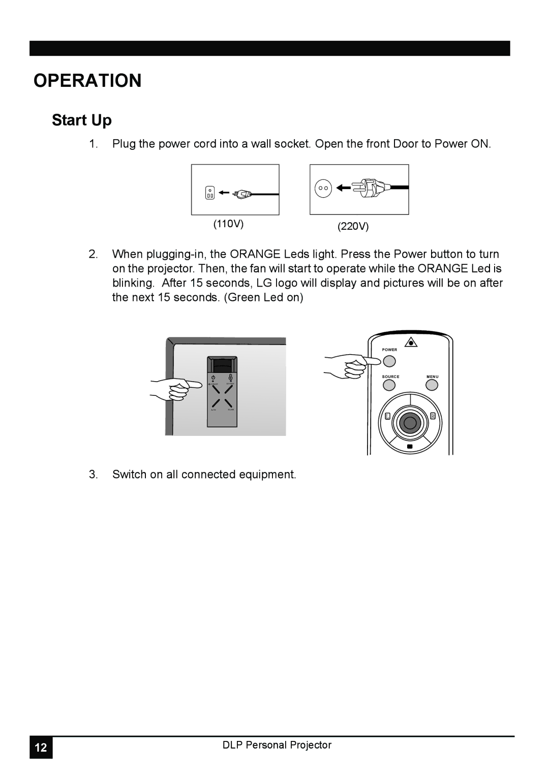 LG Electronics RD-JT30 1024X768 XGA, RD-JT31 800X600 SVGA manual Operation, Start Up 