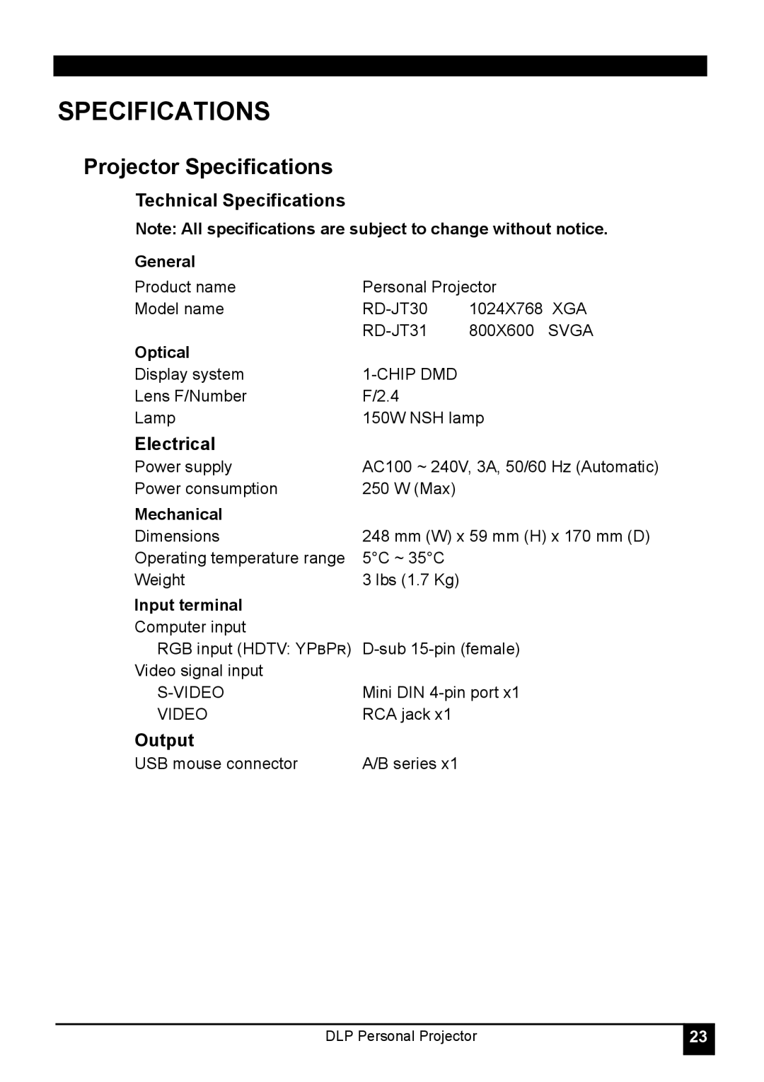 LG Electronics RD-JT31 800X600 SVGA manual Projector Specifications, Technical Specifications, Electrical, Output 