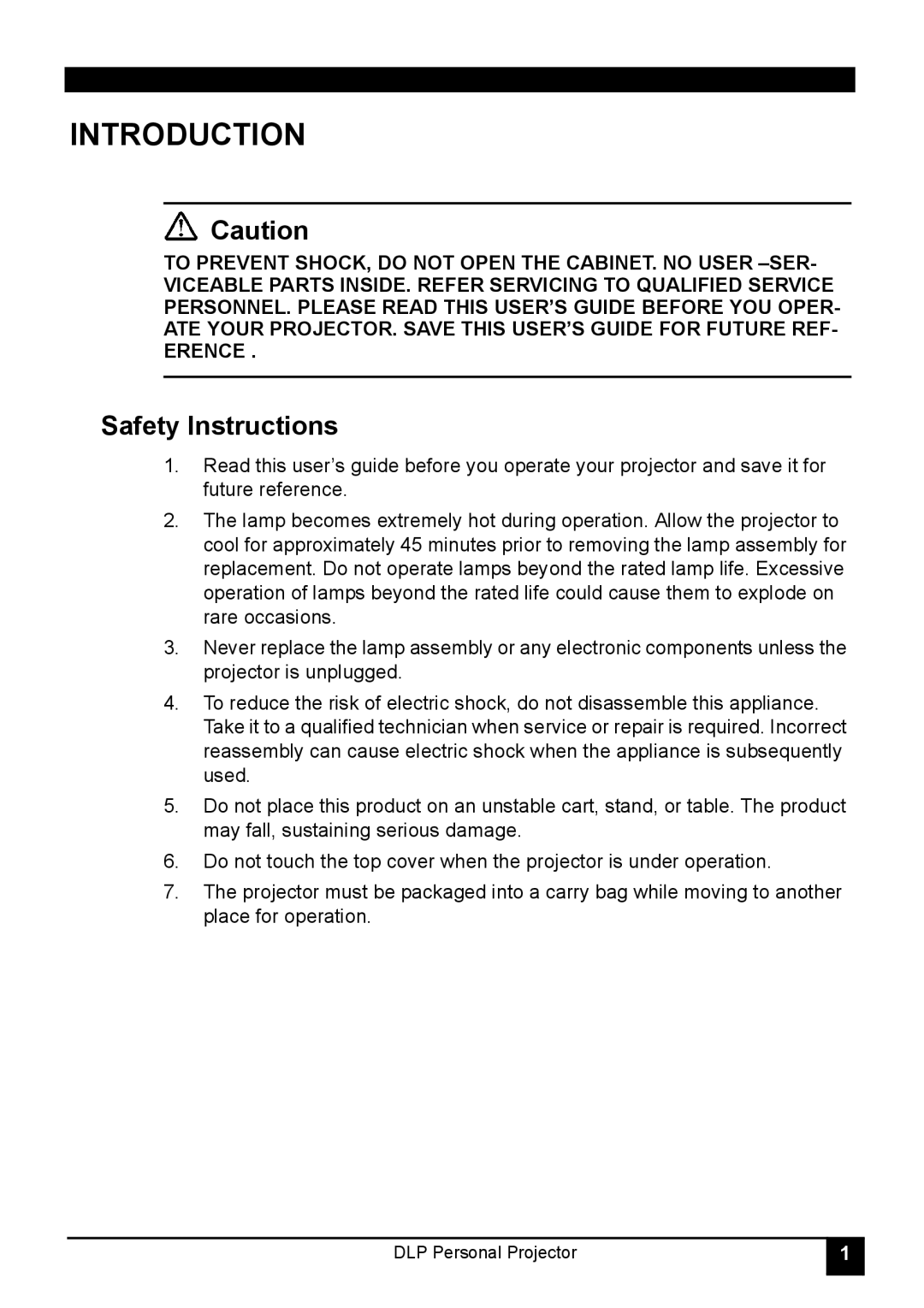 LG Electronics RD-JT31 800X600 SVGA, RD-JT30 1024X768 XGA manual Introduction, Safety Instructions 