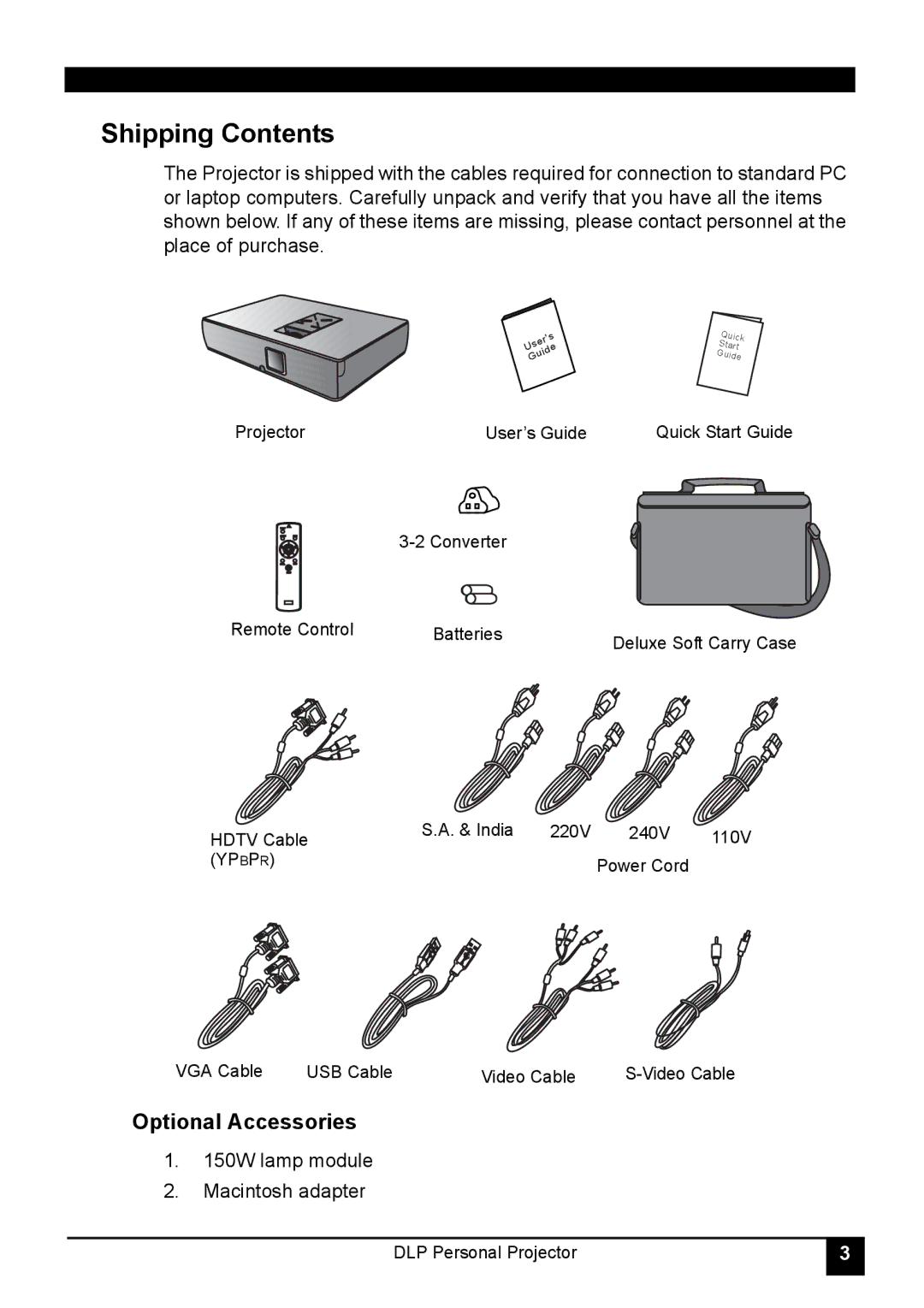 LG Electronics RD-JT31 800X600 SVGA, RD-JT30 1024X768 XGA manual Shipping Contents 