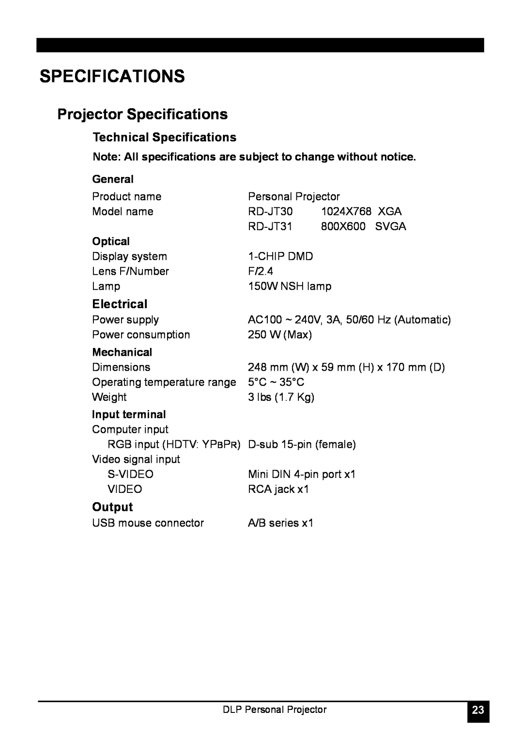 LG Electronics RD-JT31 800X600 SVGA, RD-JT30 1024X768 XGA manual Projector Specifications 