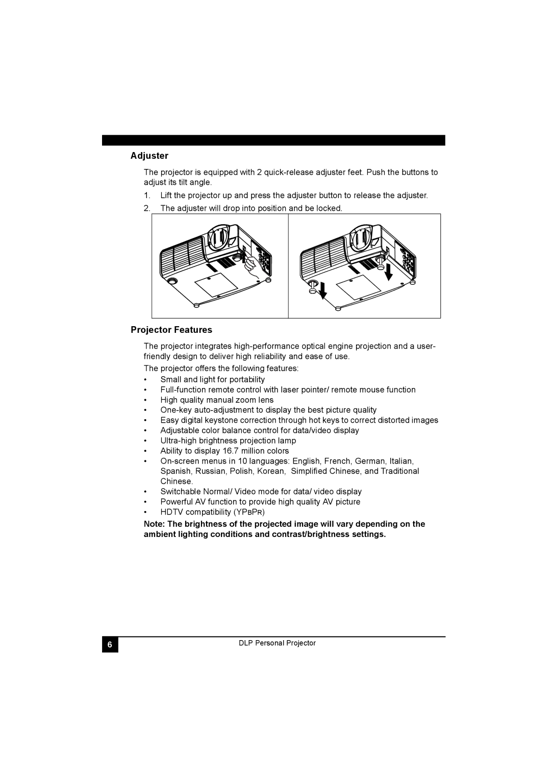 LG Electronics RD-JT41 800X600 SVGA, RD-JT40 1024X768 XGA manual Adjuster, Projector Features 