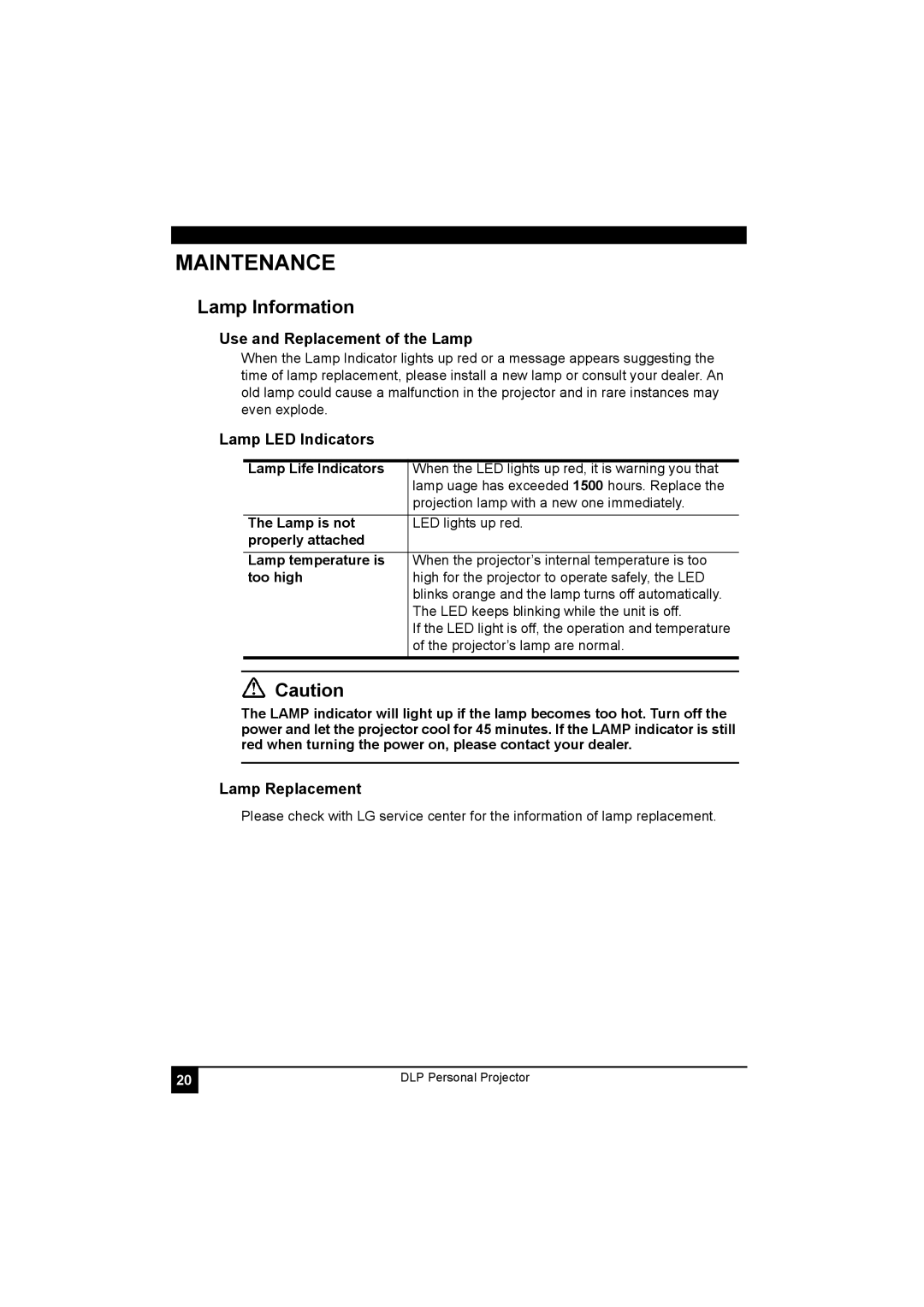 LG Electronics RD-JT41 800X600 SVGA Maintenance, Lamp Information, Use and Replacement of the Lamp, Lamp LED Indicators 