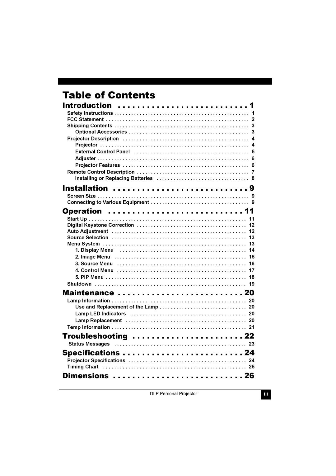 LG Electronics RD-JT40 1024X768 XGA, RD-JT41 800X600 SVGA manual Table of Contents 