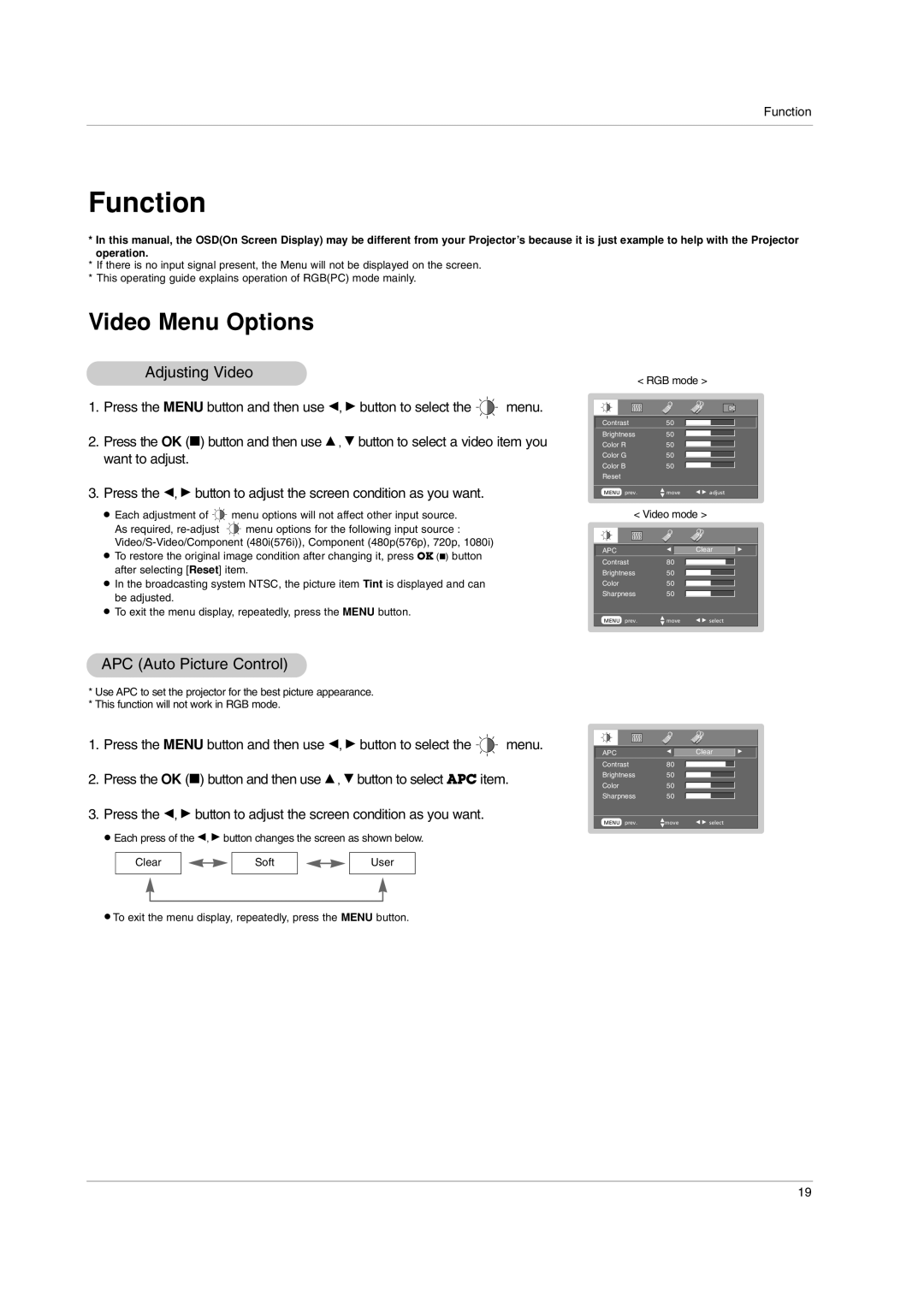 LG Electronics RD-JT91 owner manual Function, Adjusting Video, APC Auto Picture Control 