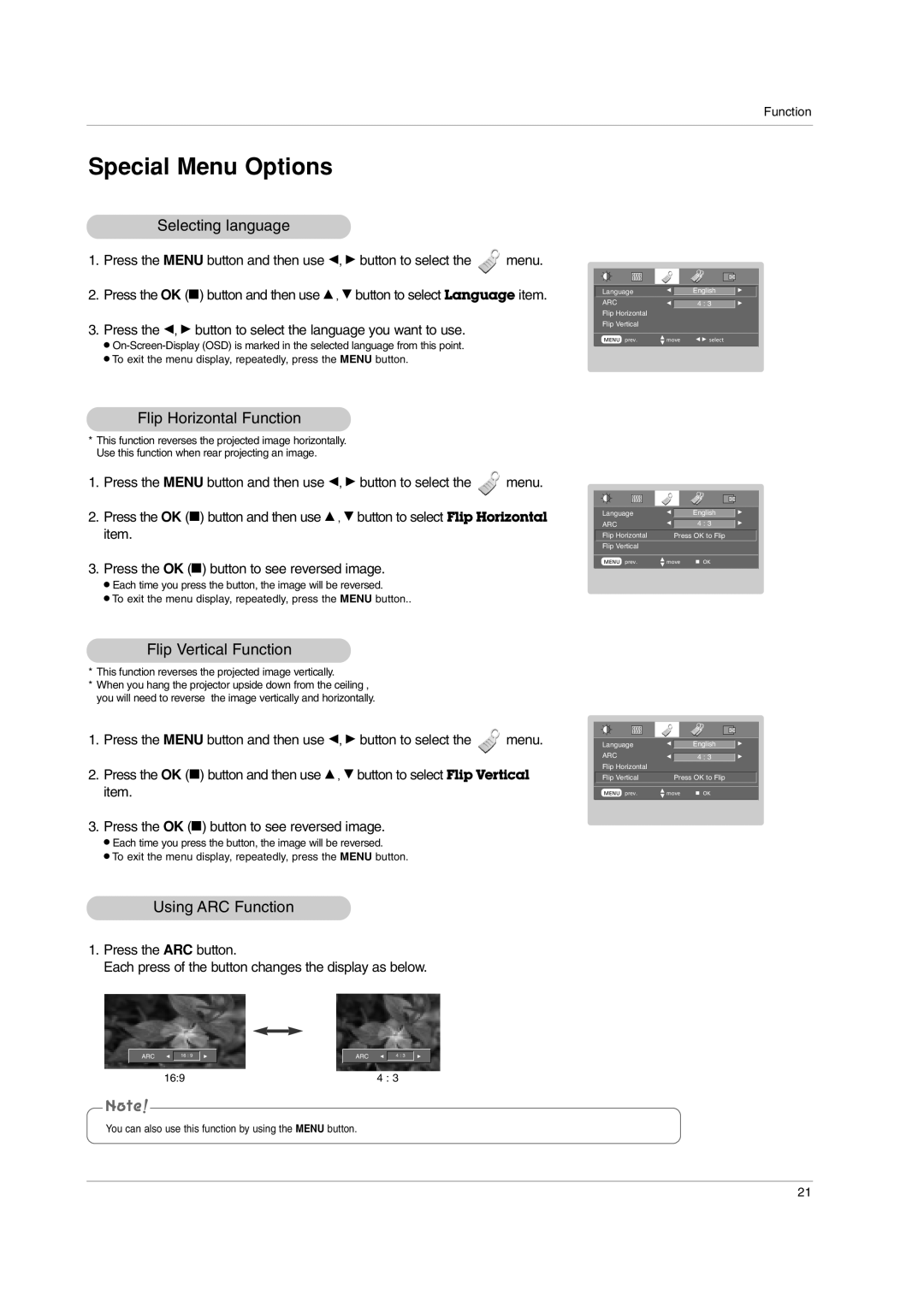 LG Electronics RD-JT91 Selecting language, Flip Horizontal Function, Flip Vertical Function, Using ARC Function 