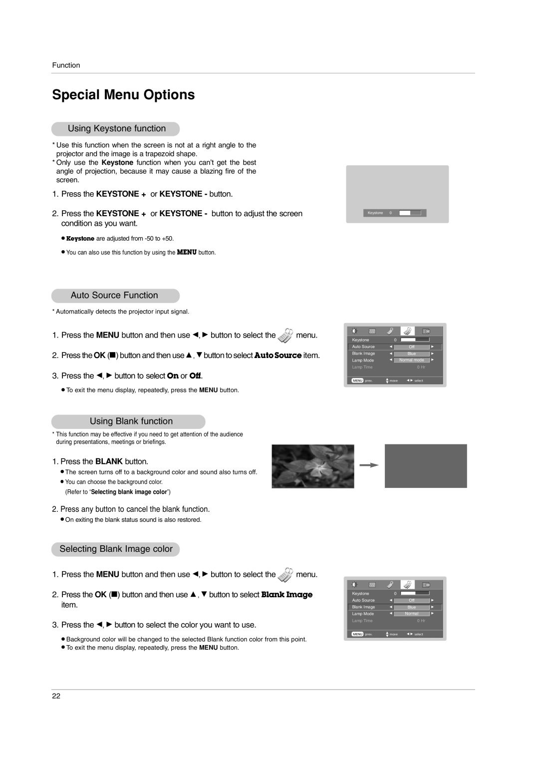 LG Electronics RD-JT91 Using Keystone function, Auto Source Function, Using Blank function, Selecting Blank Image color 