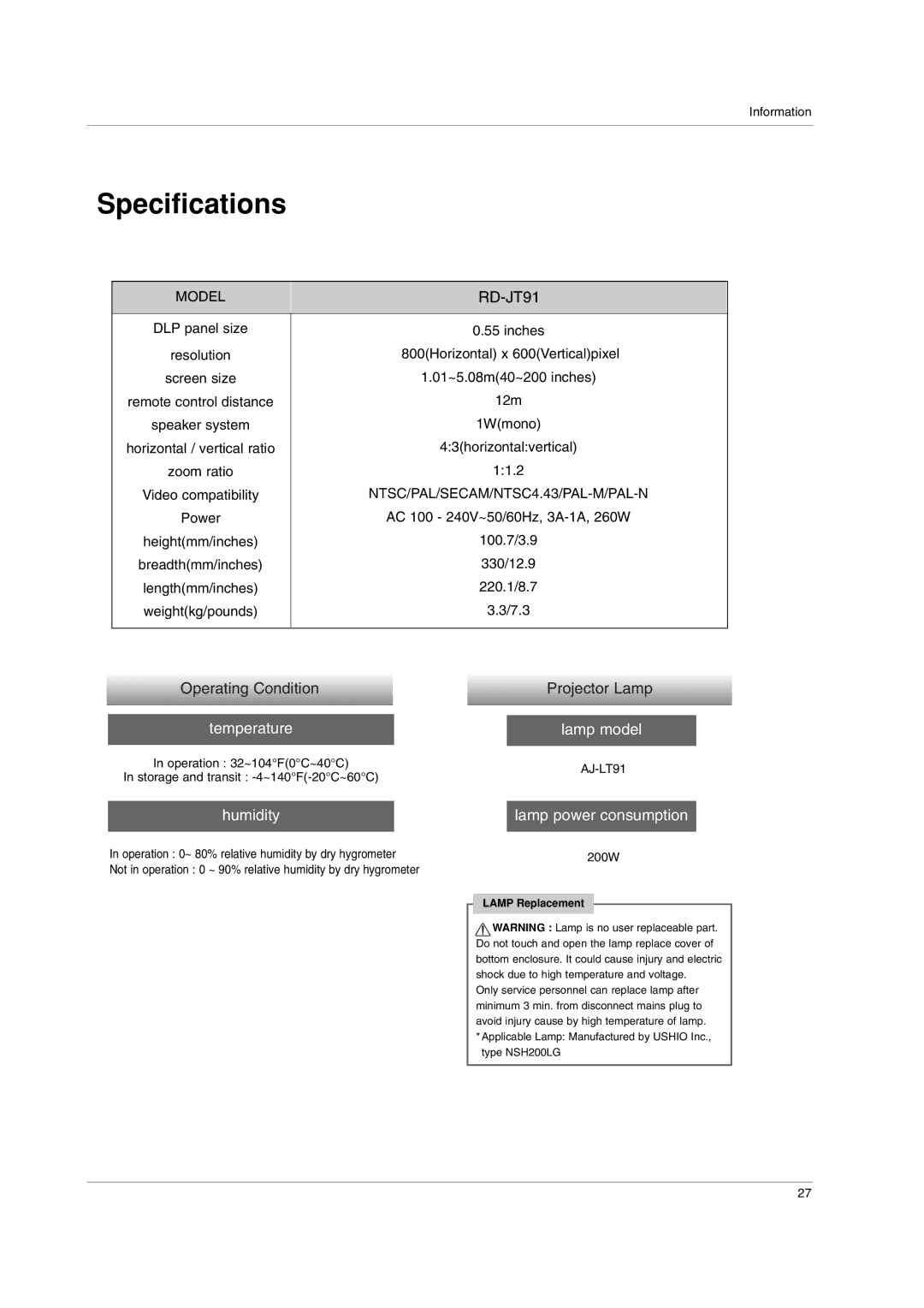 LG Electronics RD-JT91 owner manual Specifications, Operating Condition, Projector Lamp 