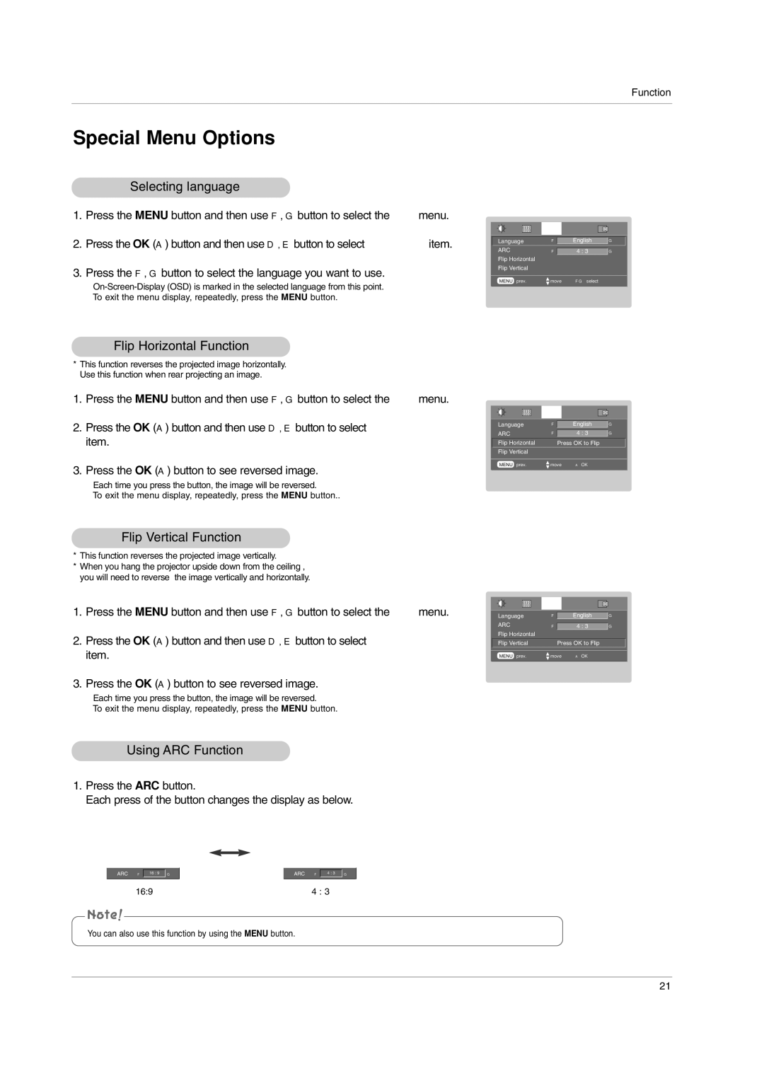 LG Electronics RD-JT91, RD-JT92 Selecting language, Flip Horizontal Function, Flip Vertical Function, Using ARC Function 