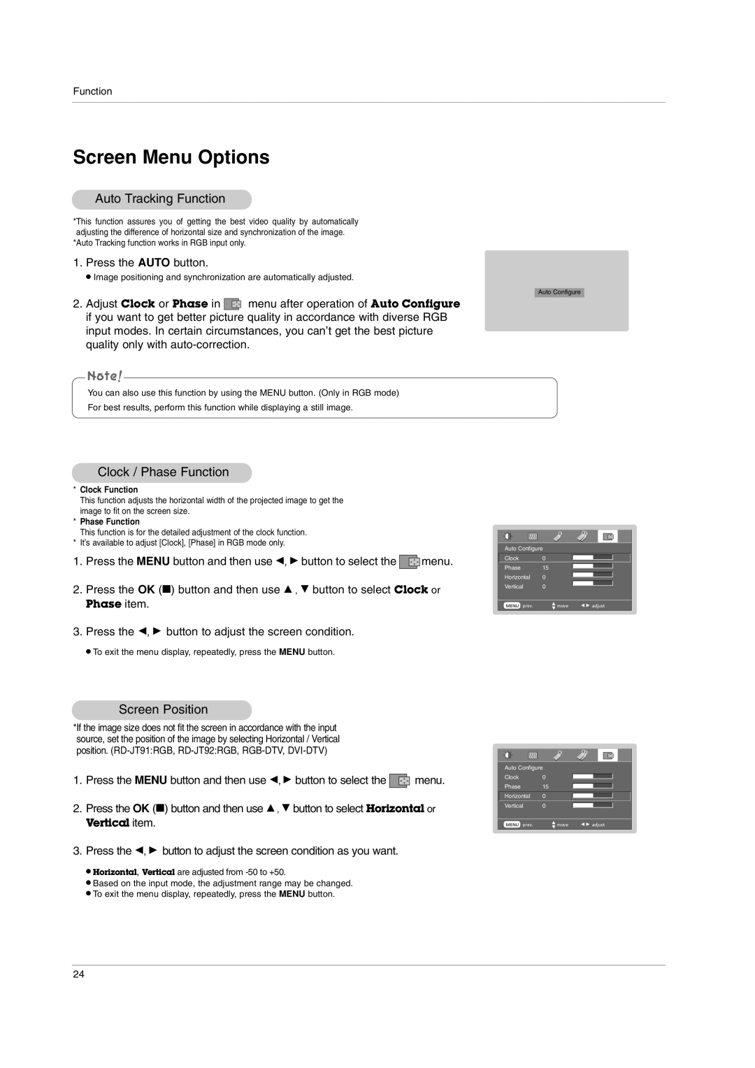 LG Electronics RD-JT92, RD-JT91 Auto Tracking Function, Clock / Phase Function, Screen Position, Press the Auto button 