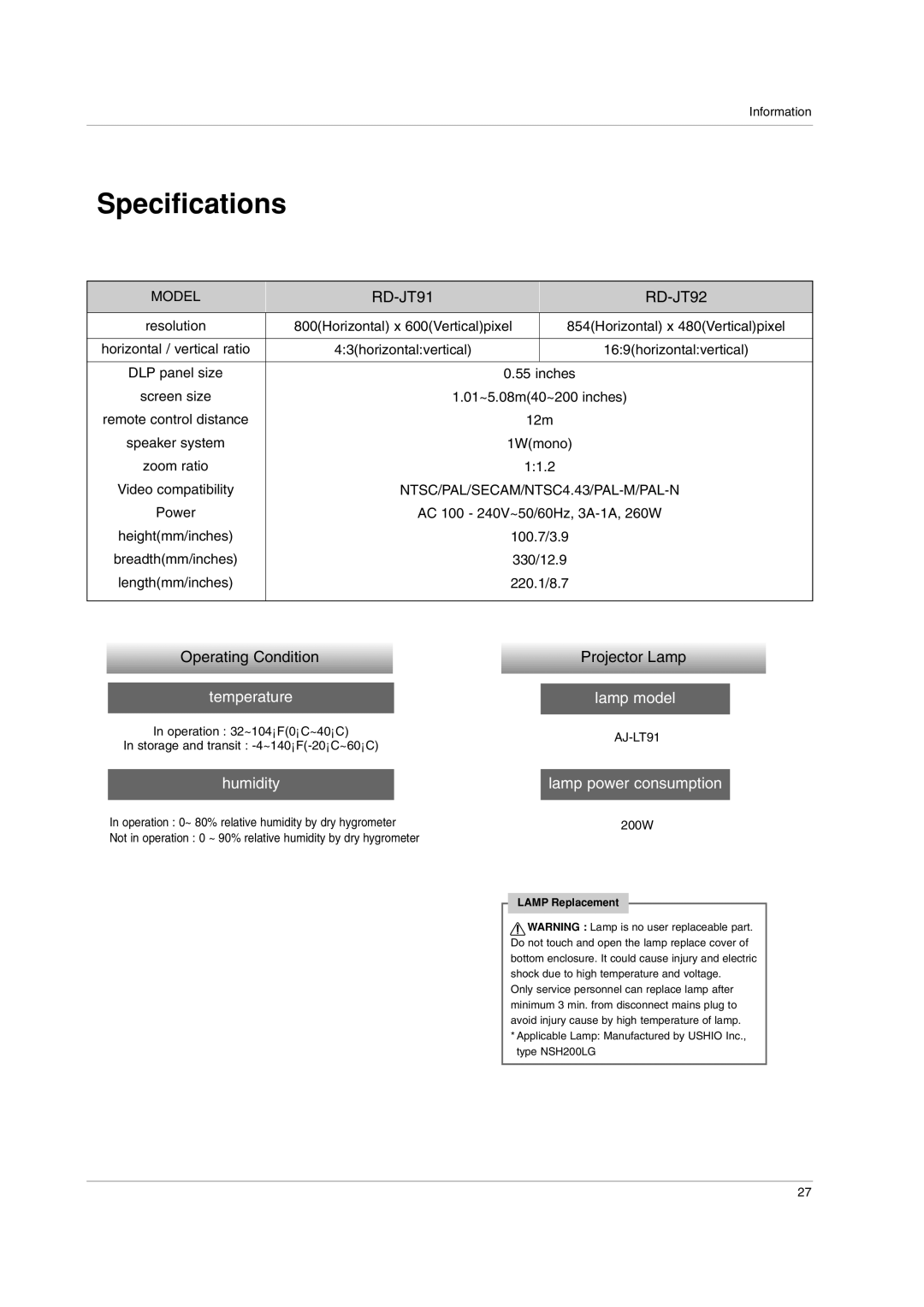 LG Electronics RD-JT91, RD-JT92 owner manual Specifications, Operating Condition, Projector Lamp 