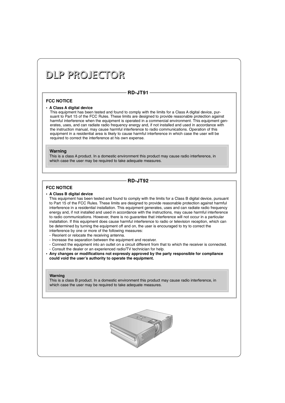 LG Electronics RD-JT92 owner manual Fcc Notice, Dlp Projector, RD-JT91 