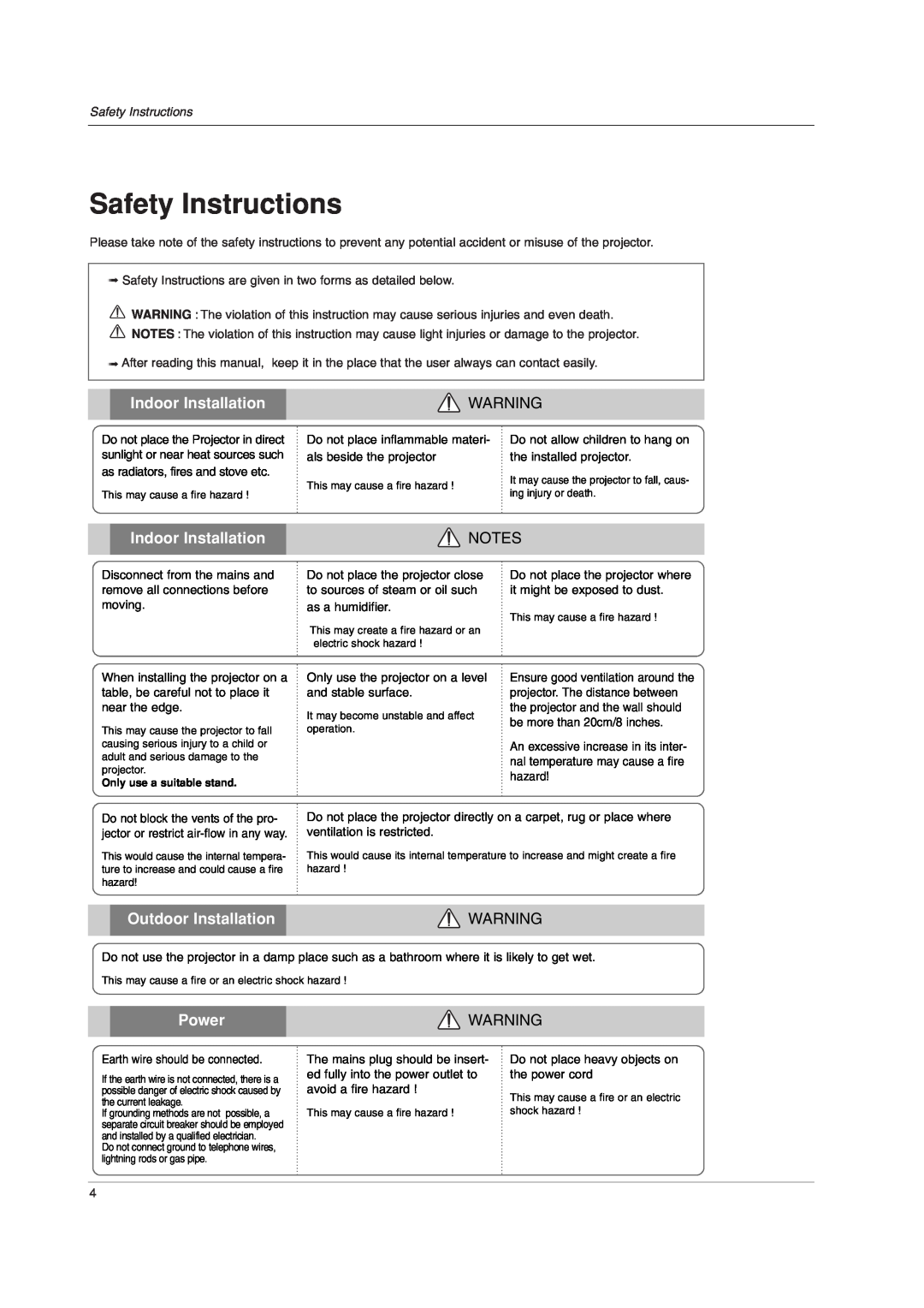 LG Electronics RD-JT92, RD-JT91 owner manual Safety Instructions, Indoor Installation, Outdoor Installation, Power 
