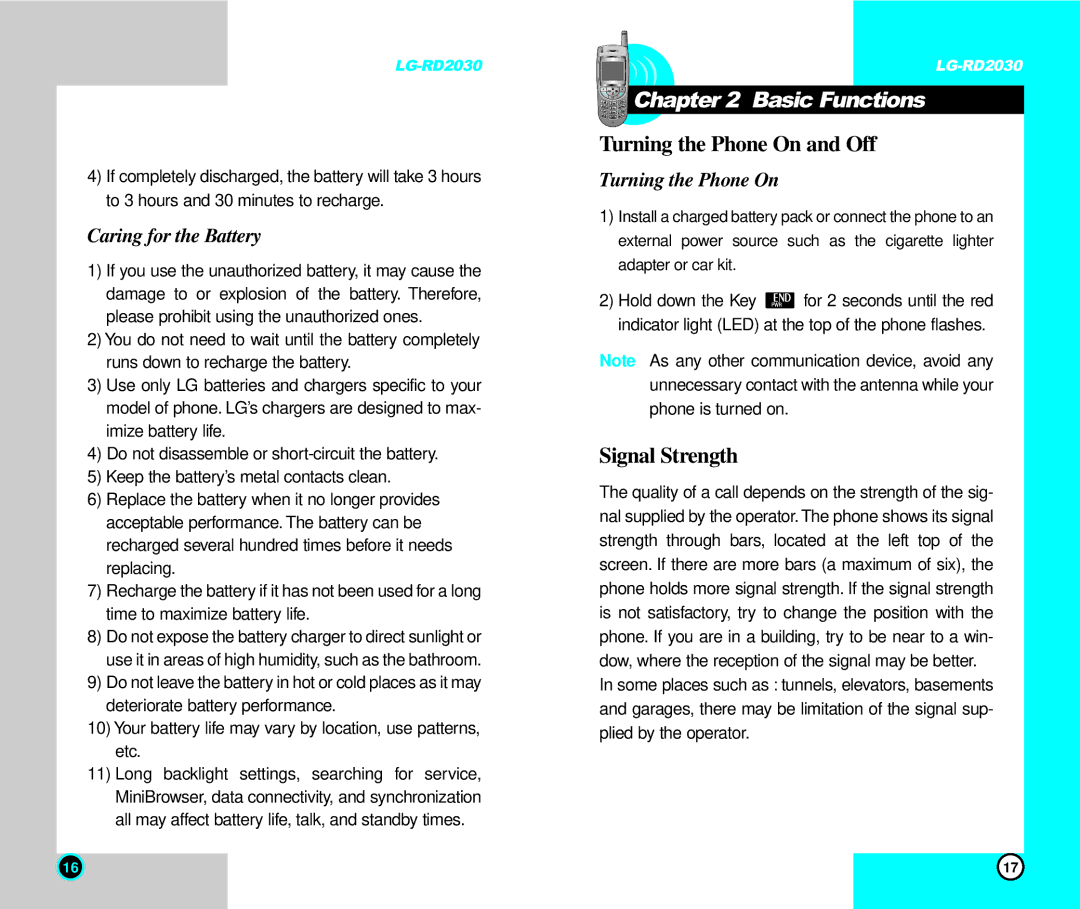 LG Electronics RD2030 user manual Basic Functions, Turning the Phone On and Off, Signal Strength, Caring for the Battery 