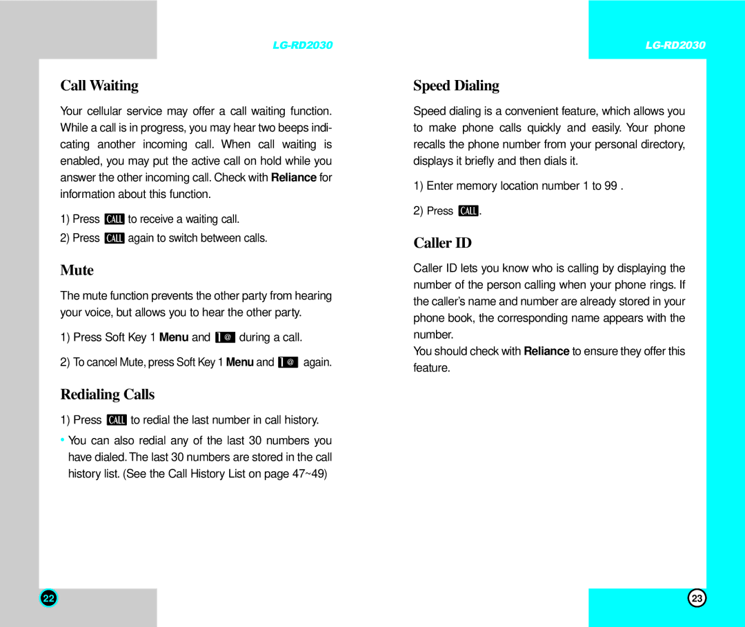 LG Electronics RD2030 user manual Call Waiting, Mute, Redialing Calls, Speed Dialing, Caller ID 