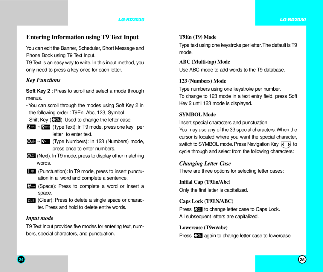 LG Electronics RD2030 user manual Entering Information using T9 Text Input, Key Functions, Input mode, Changing Letter Case 