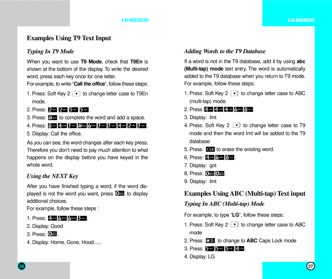 LG Electronics RD2030 user manual Examples Using T9 Text Input, Examples Using ABC Multi-tap Text input 