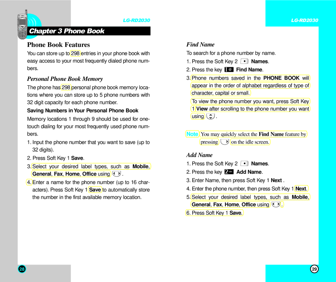 LG Electronics RD2030 user manual Phone Book Features, Personal Phone Book Memory, Find Name, Add Name 